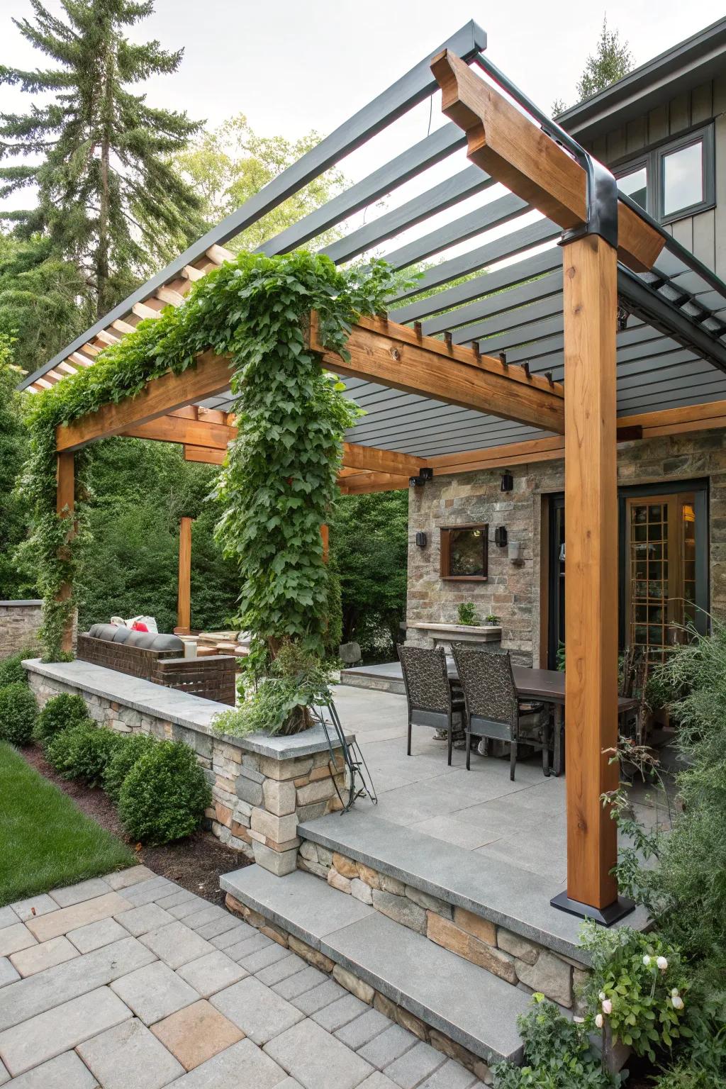A blend of rustic charm and modern elegance in an aluminum pergola.