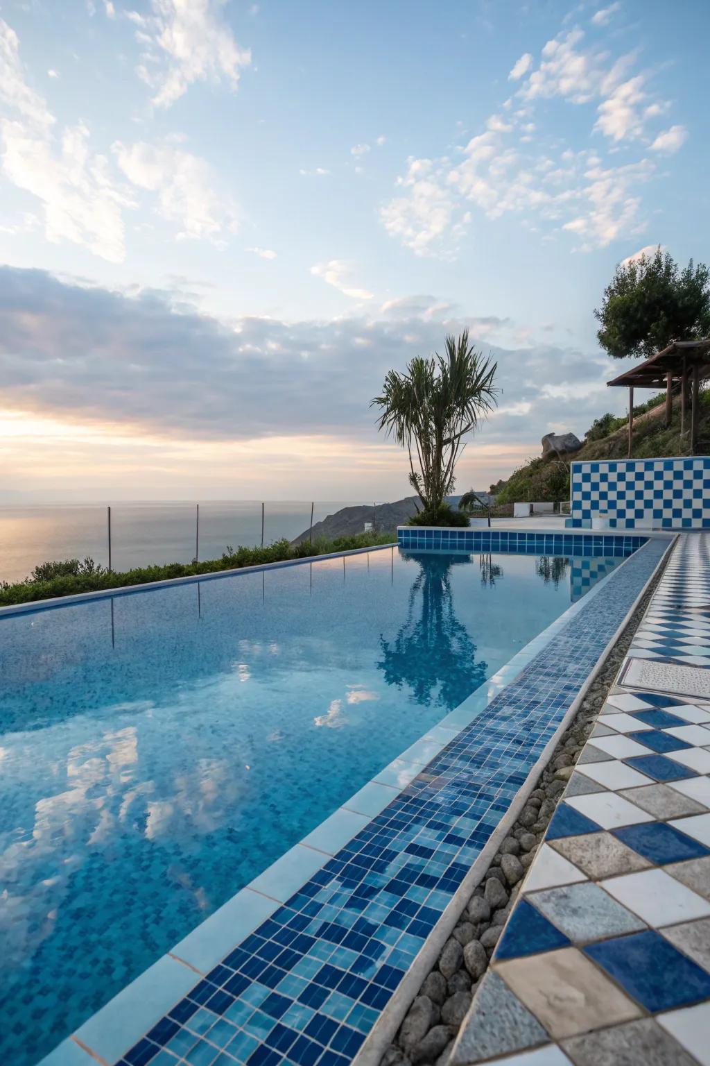 A pool with heavenly blue and white tiles, resembling the sky.