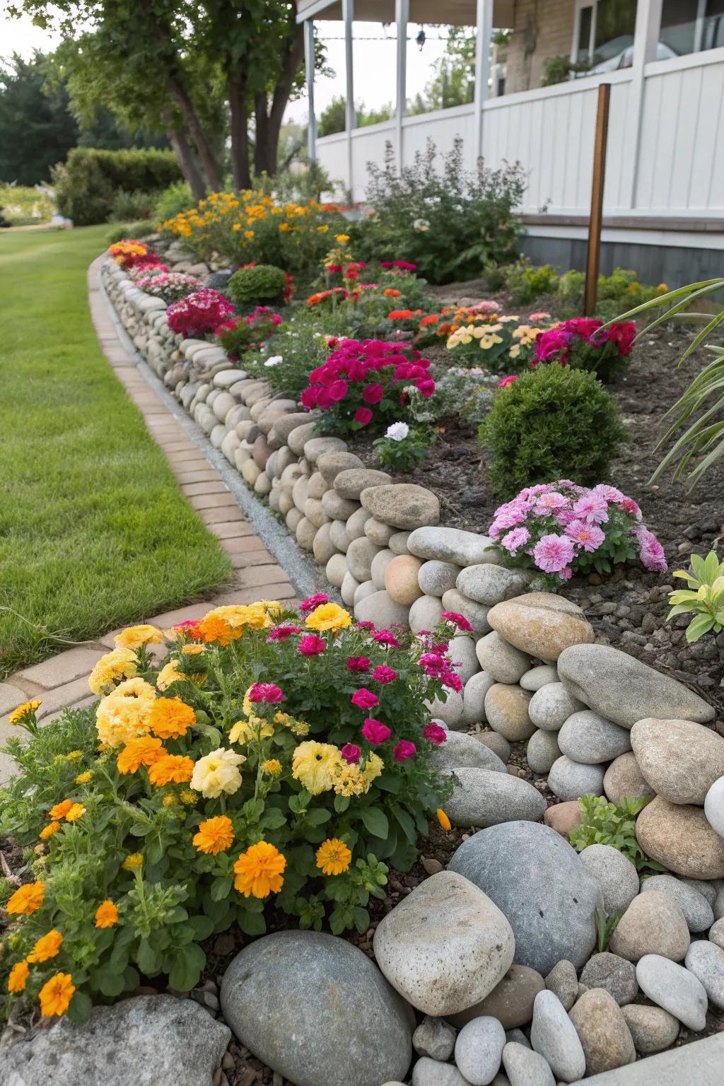 Rustic charm with stone accents in the flower bed.