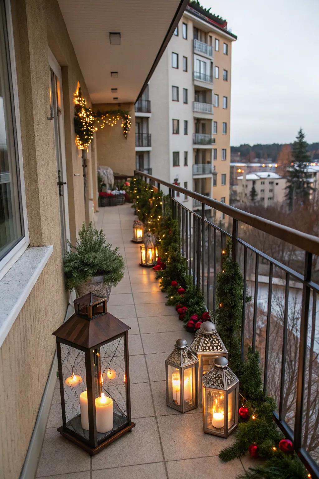Candle lanterns create a warm, inviting atmosphere on your balcony.