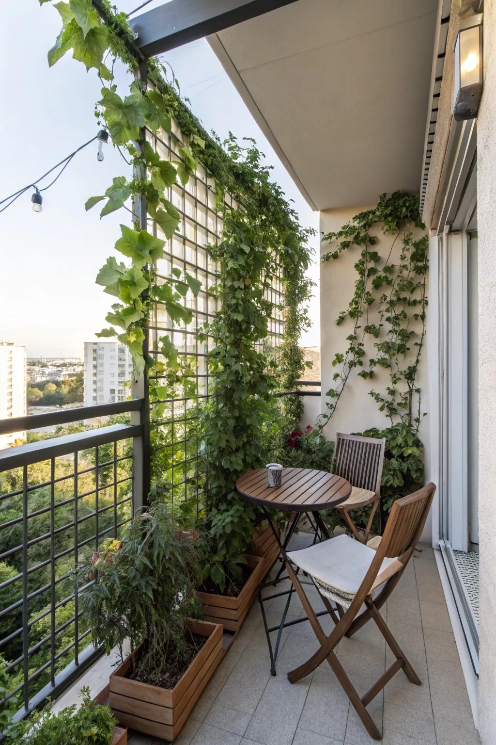 A trellis with climbing plants offers a dynamic and natural privacy solution.
