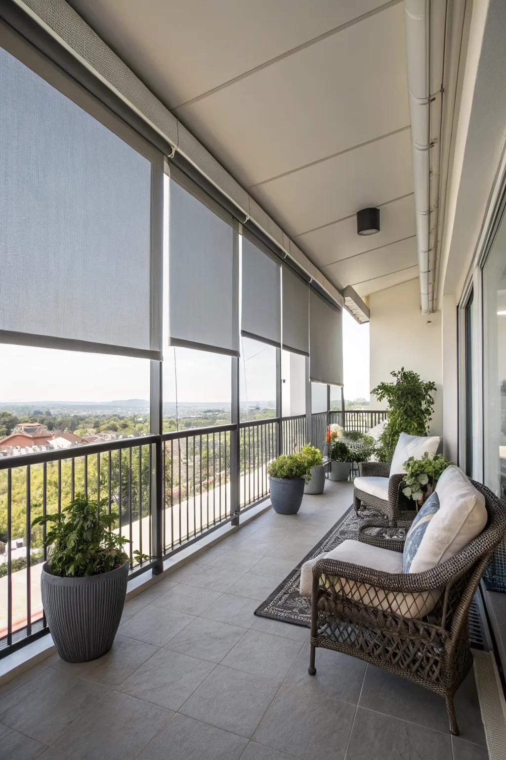 Roller shades offer a clean and modern way to manage sunlight on your balcony.