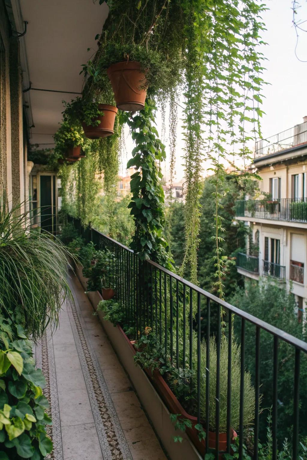 Tall plants creating a secluded and private feel on a balcony.