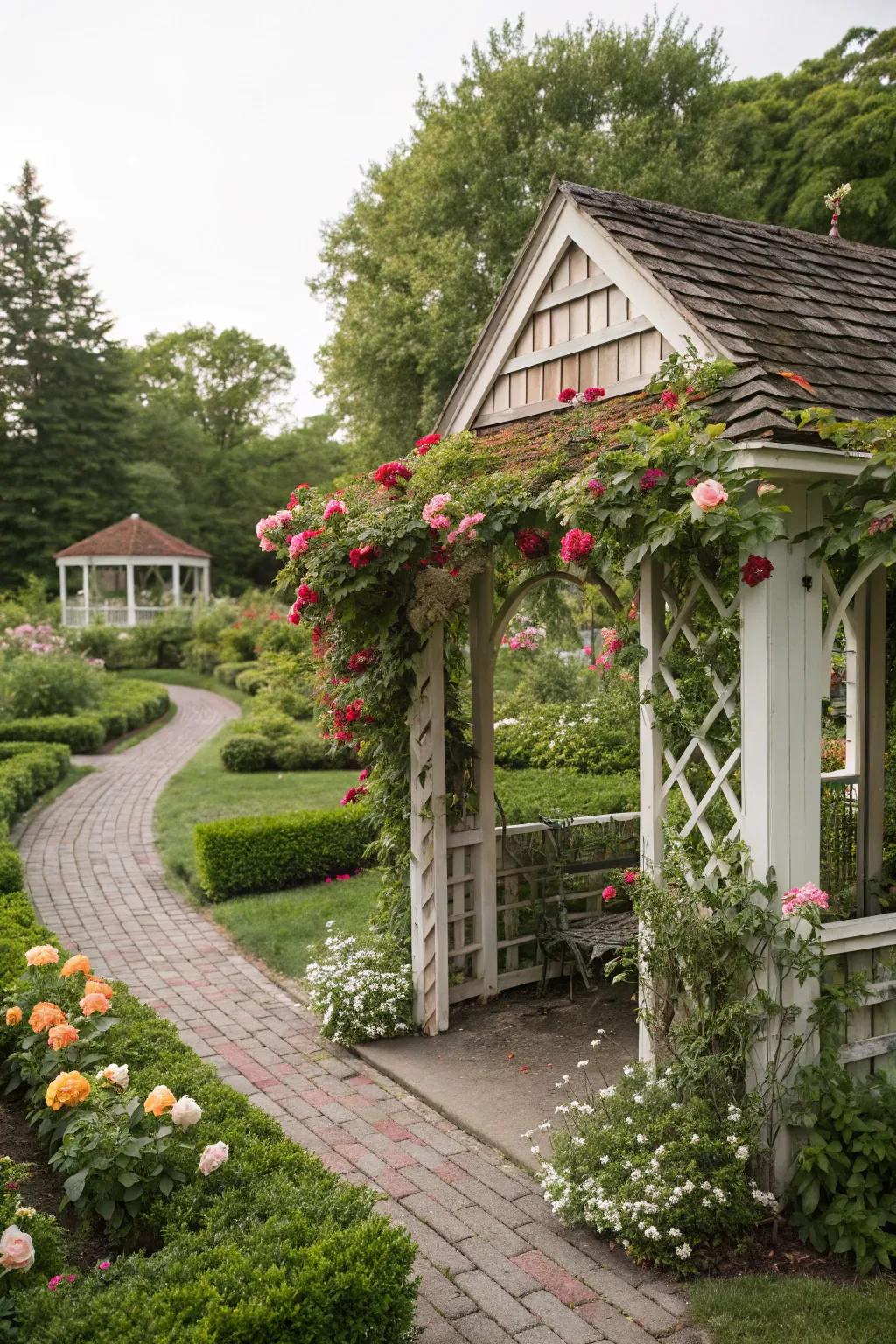 Cottage-style arbor adding romantic charm to a quaint garden.
