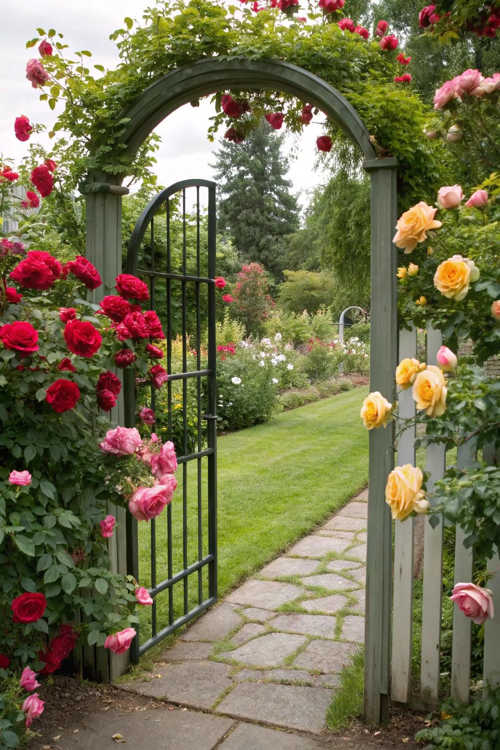 Floral accents with roses framing an arched garden gate.
