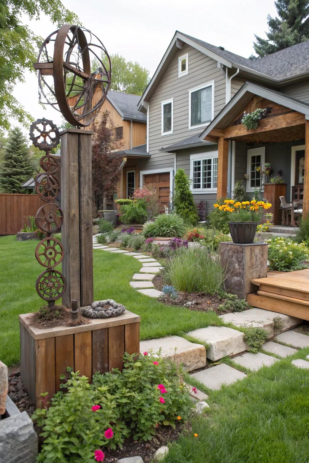 A fusion of modern and rustic styles in desert landscaping.