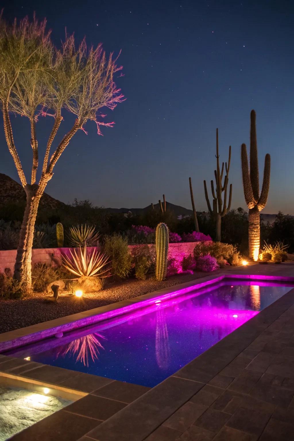 LED lighting transforms your pool into a magical nighttime escape.