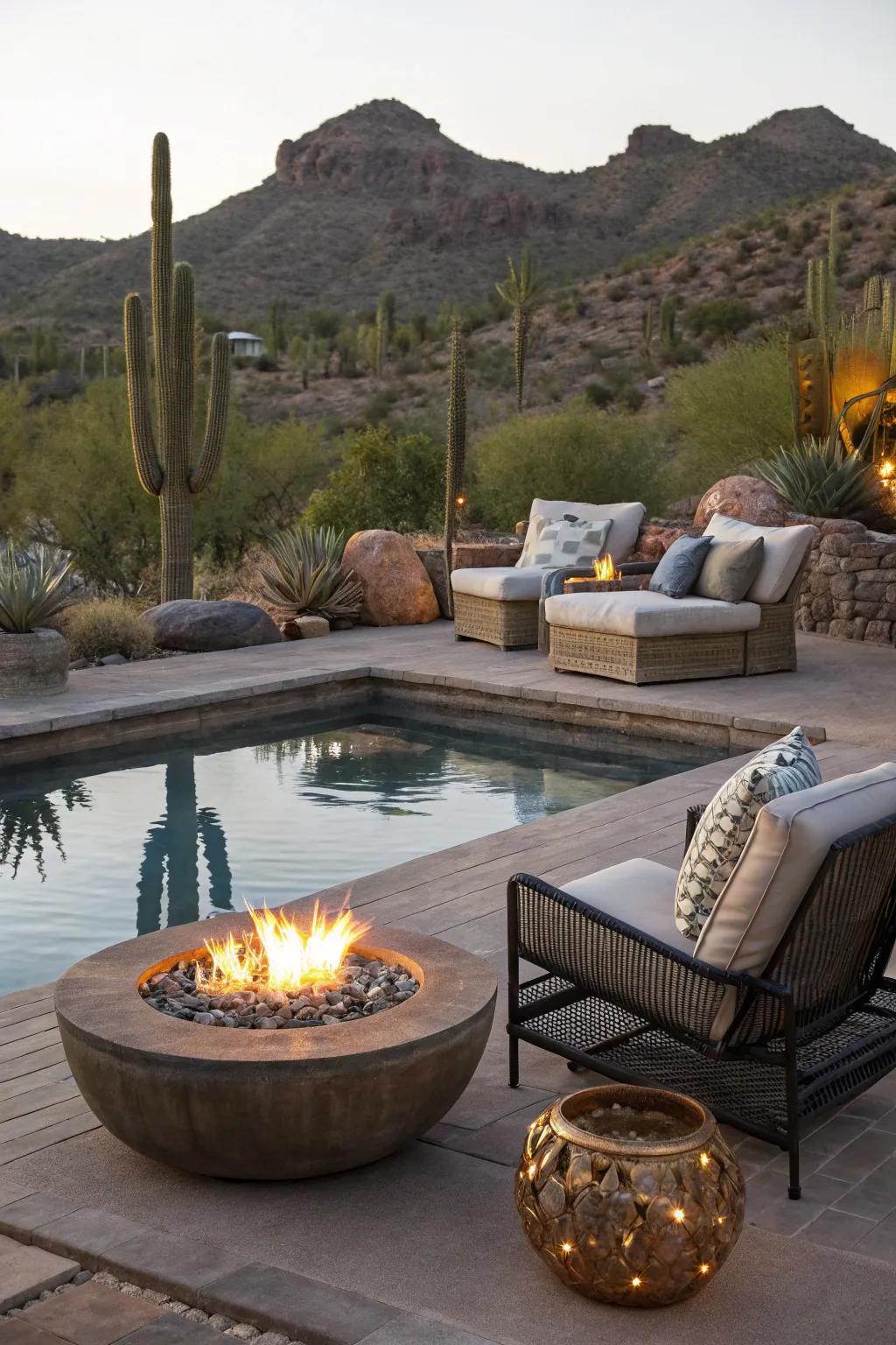 Fire pits create a warm, inviting atmosphere in any pool area.