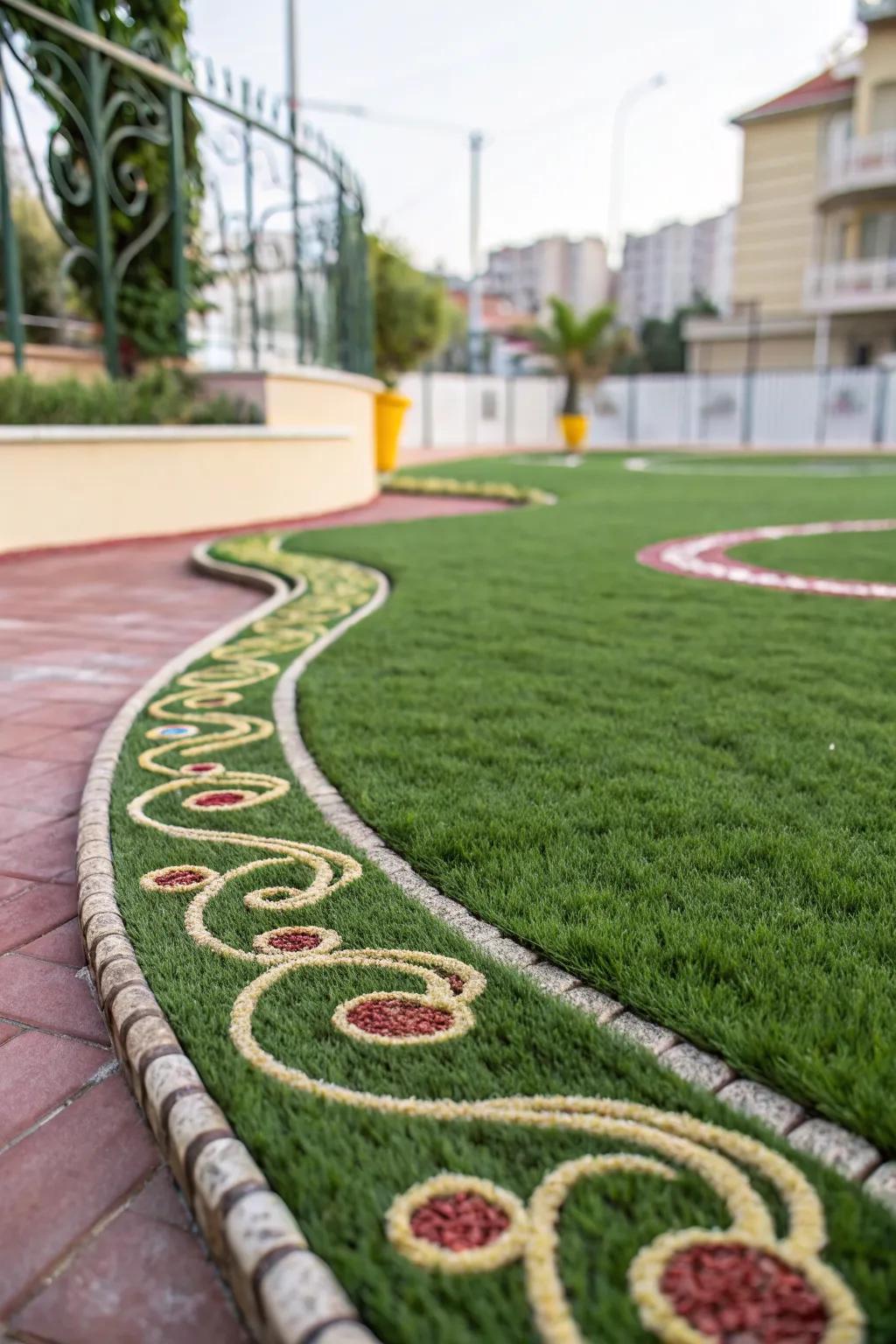 Curved decorative borders adding flair to artificial turf.
