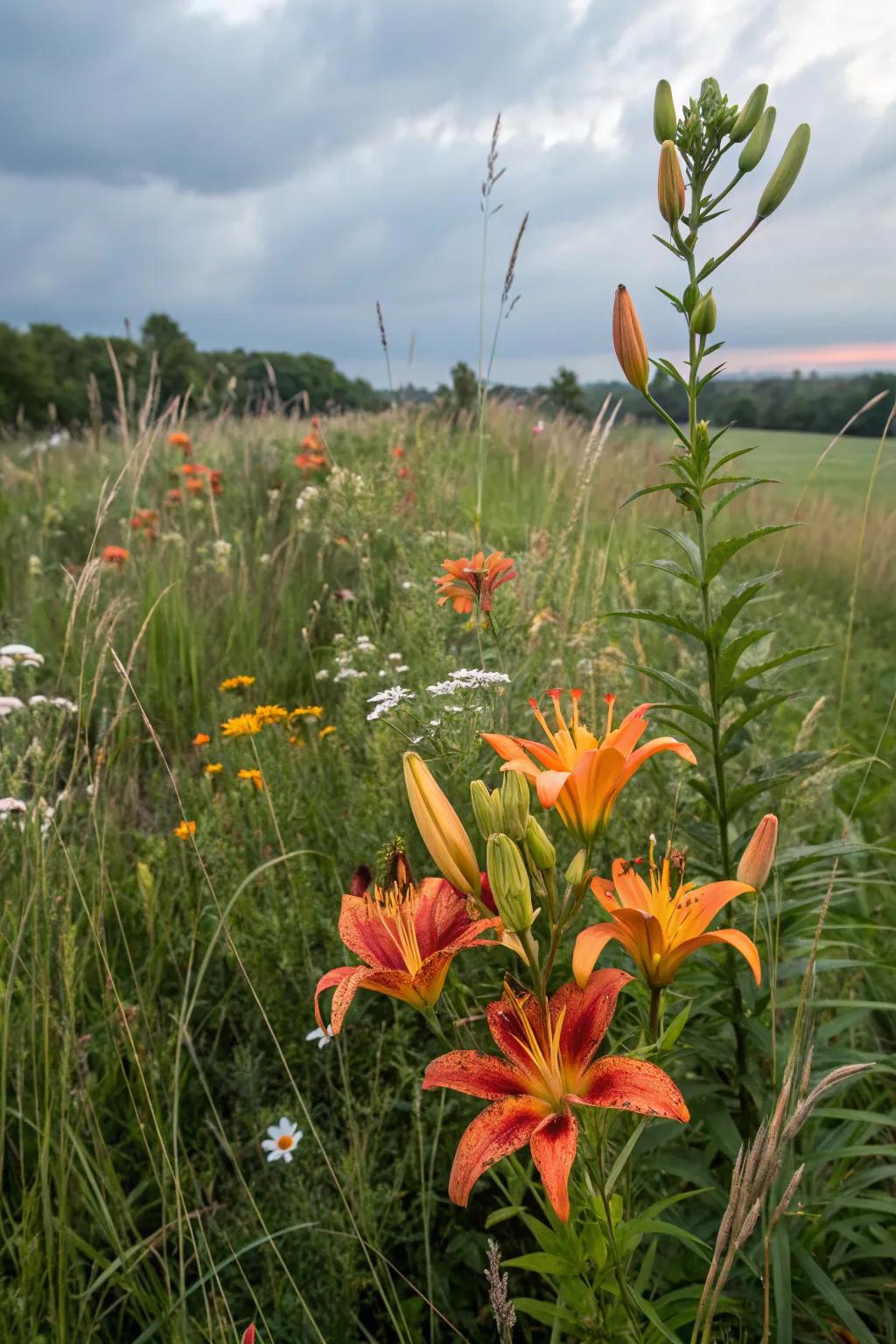Asiatic lilies in a meadow-inspired garden setting.