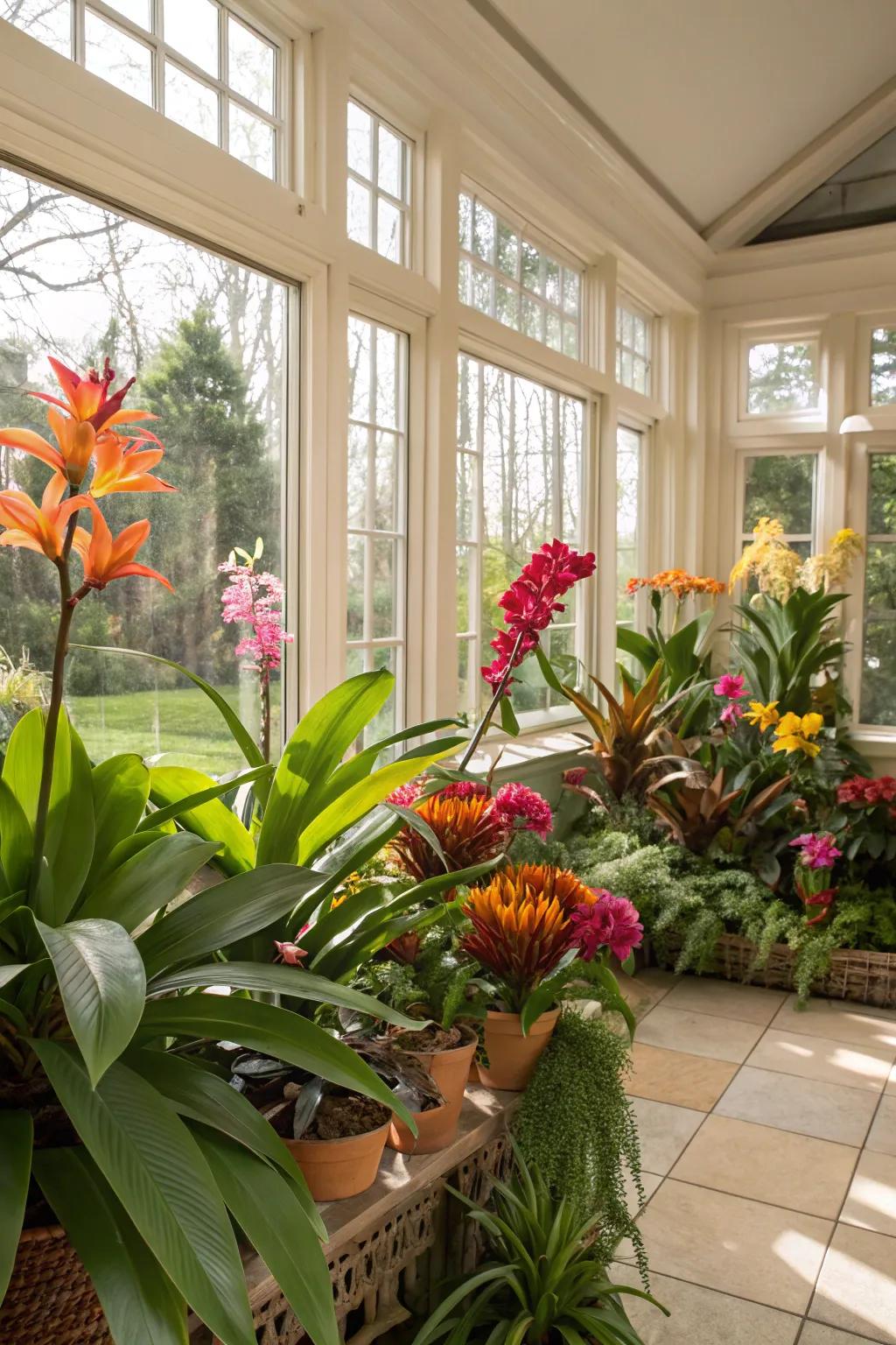 Colorful blooms bring life to a sunroom with vibrant orchids and bromeliads
