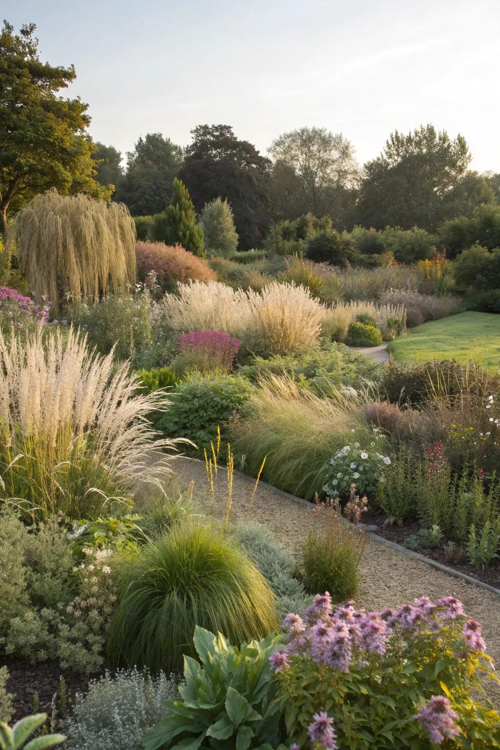 A mix of textures and heights creating visual interest in the garden.