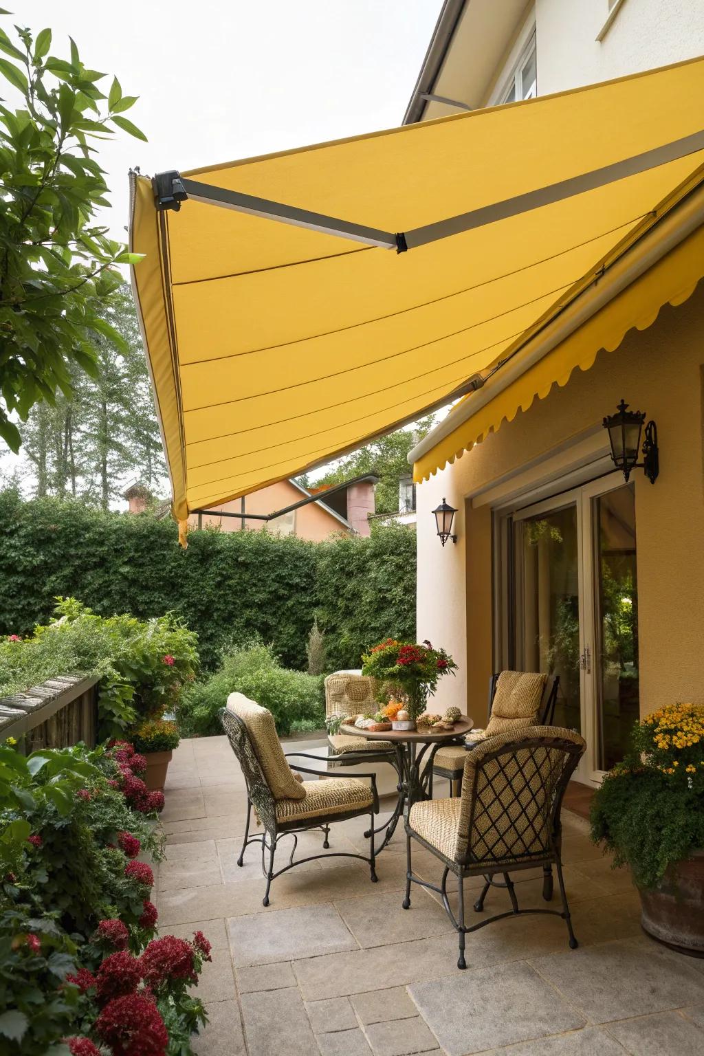 A sunny yellow awning brightens up this garden patio.