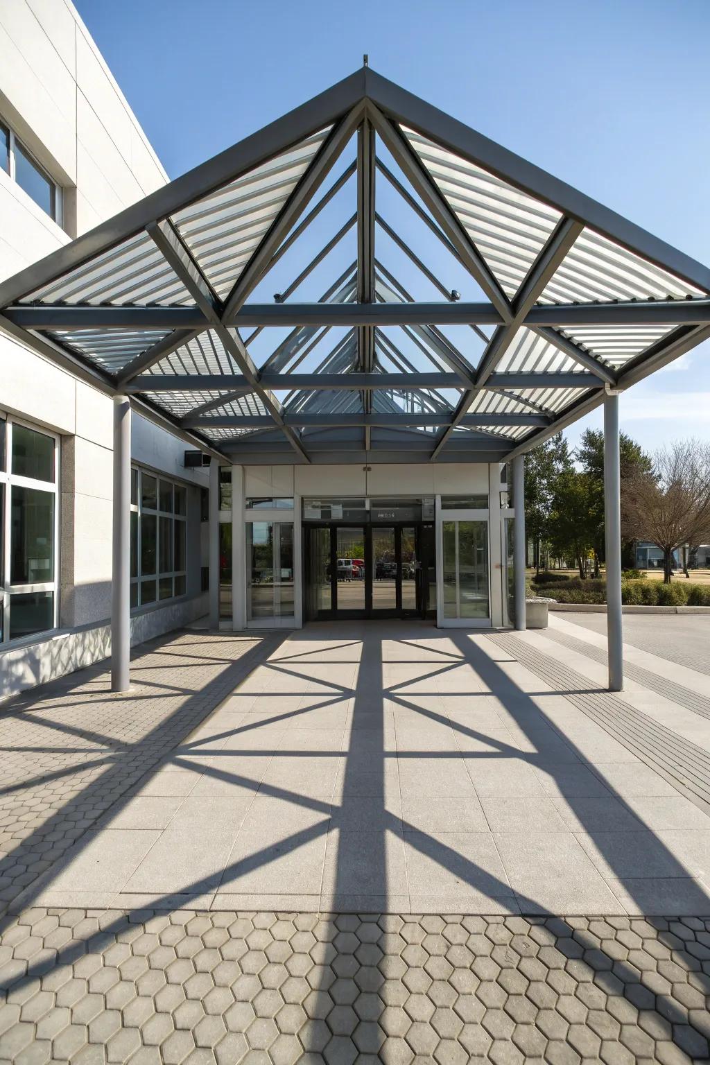 A geometric metal awning offers a bold architectural statement.