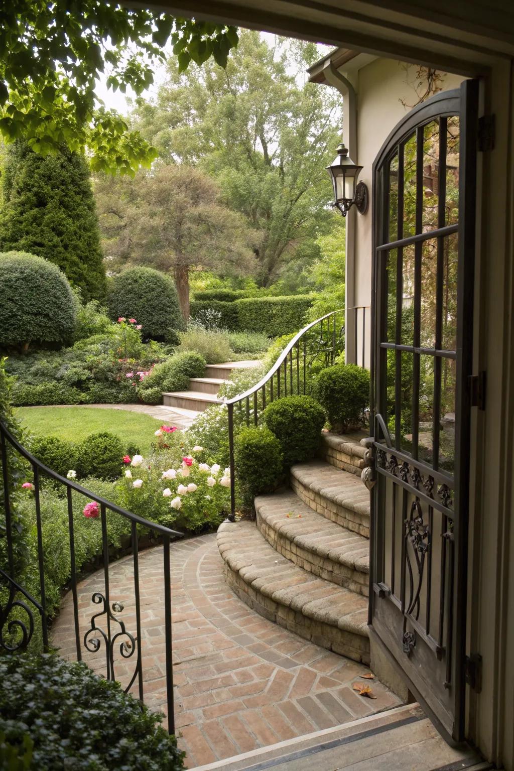 Curved steps and railings provide a unique aesthetic.