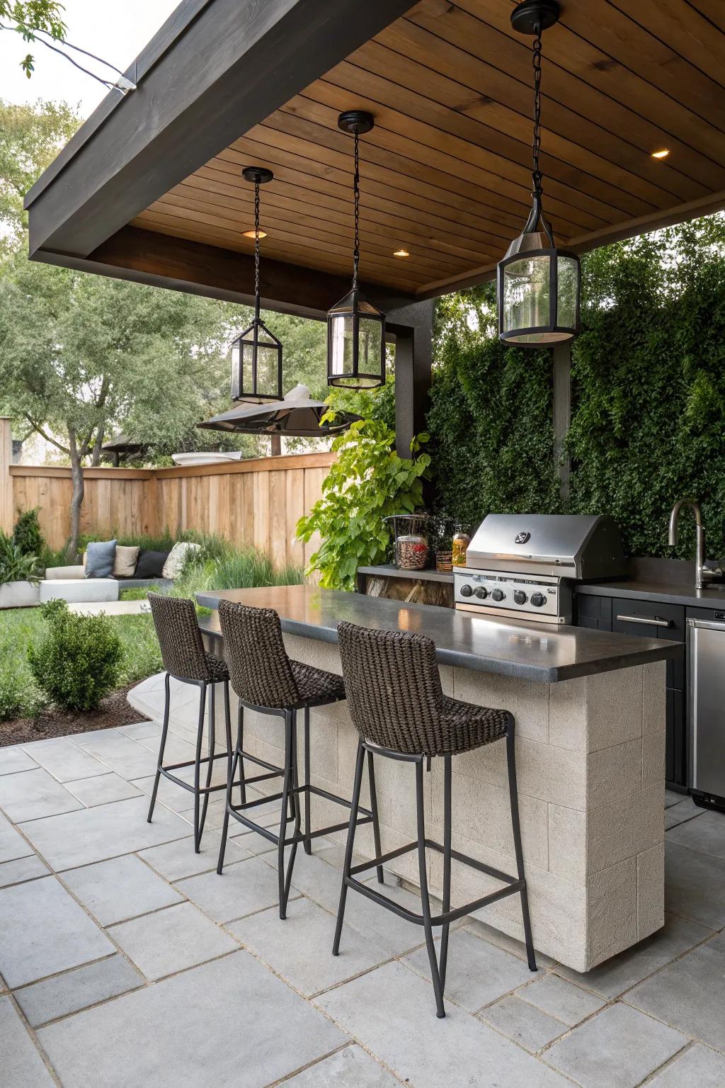 Stylish bar seating makes this back patio kitchen a perfect spot for social gatherings.