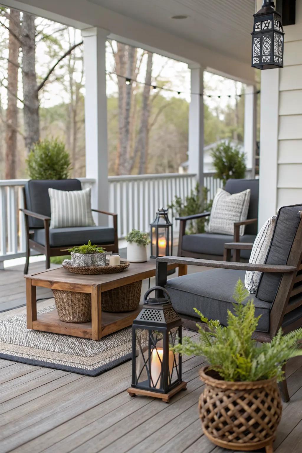 A stylish mix of modern and rustic elements on a back porch.