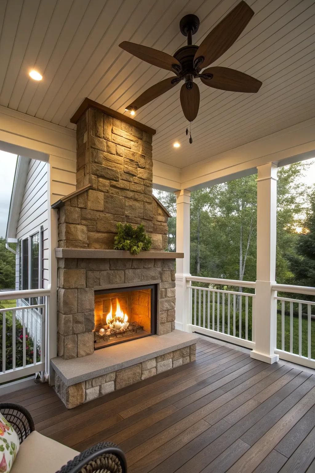 A ceiling fan adds cooling comfort to a cozy back porch.