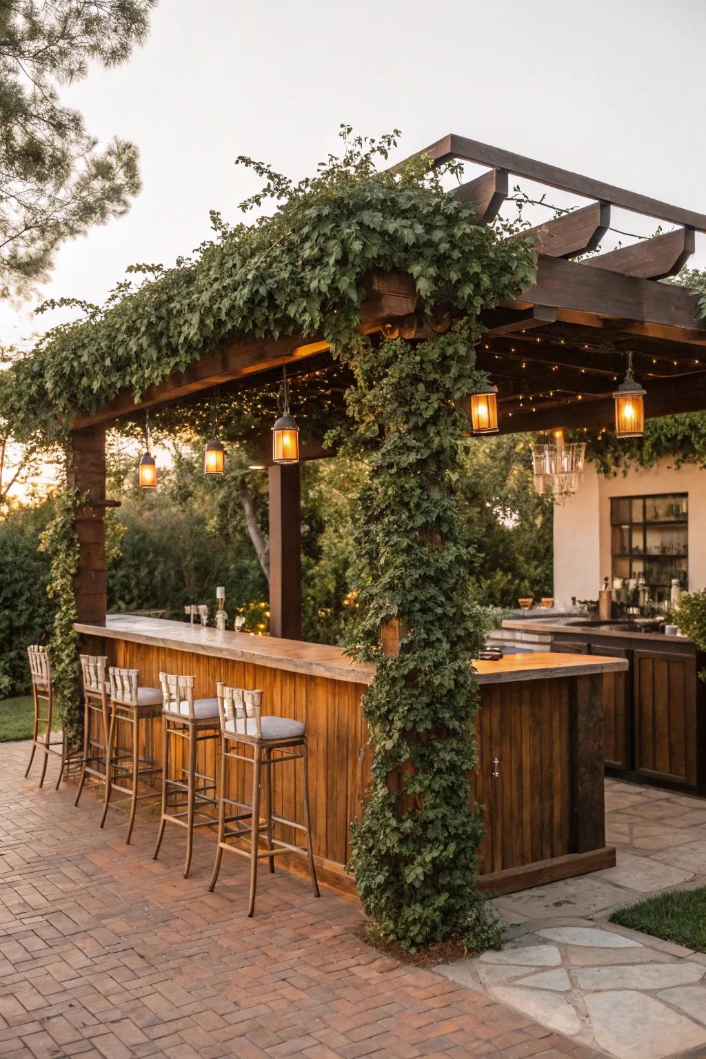 A pergola transformed into a stylish outdoor bar.