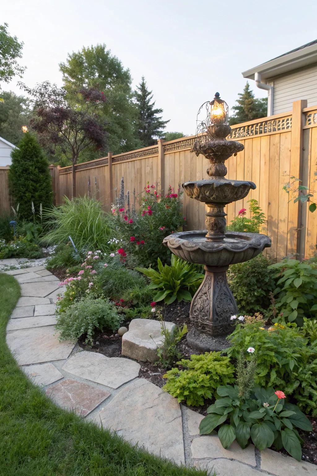 An artistic sculpture adds personality and interest to your backyard corner.