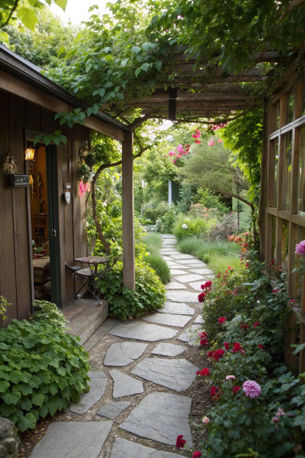 A stylish pathway enhances the patio's design and accessibility.