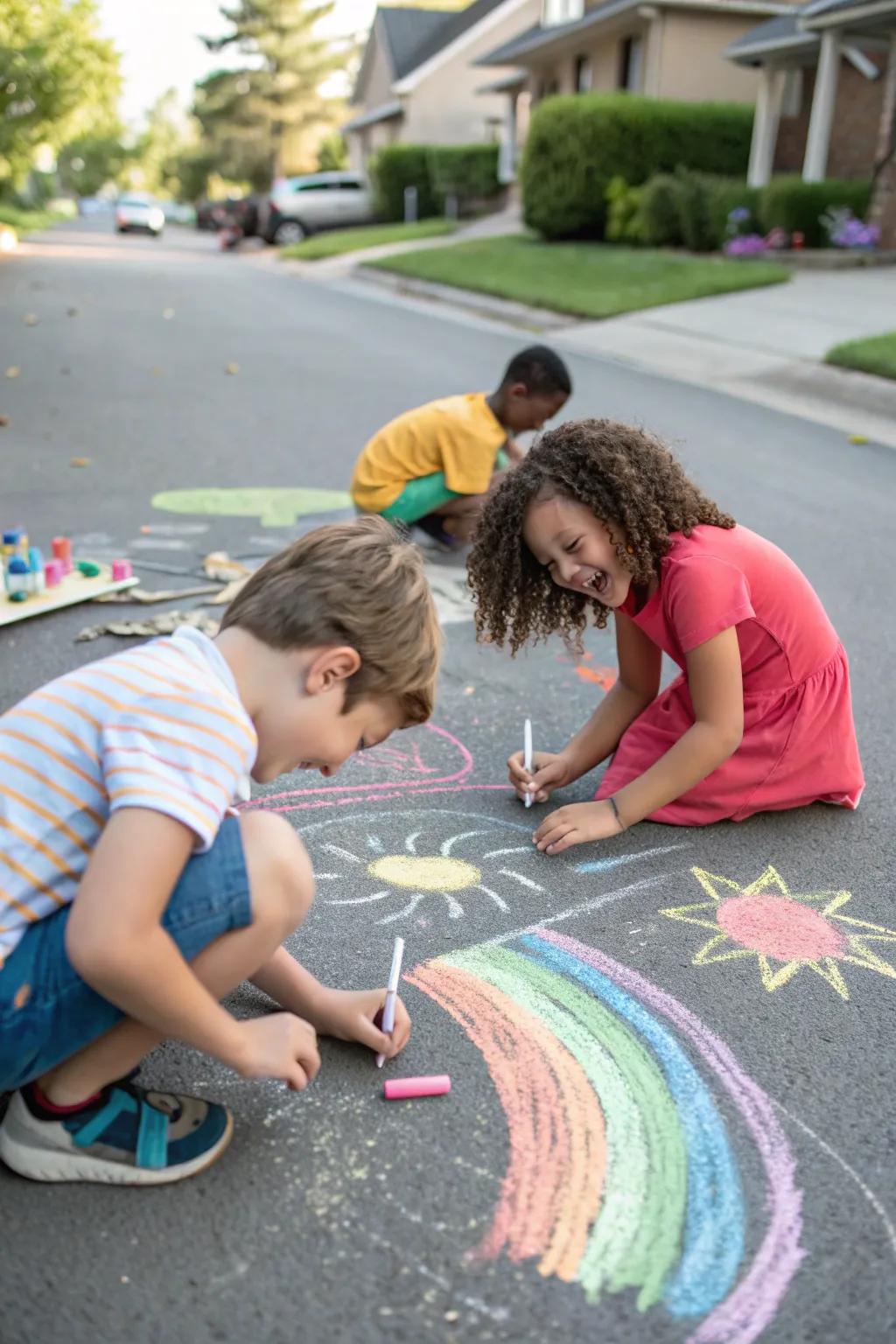 Sidewalk chalk art lights up outdoor spaces.