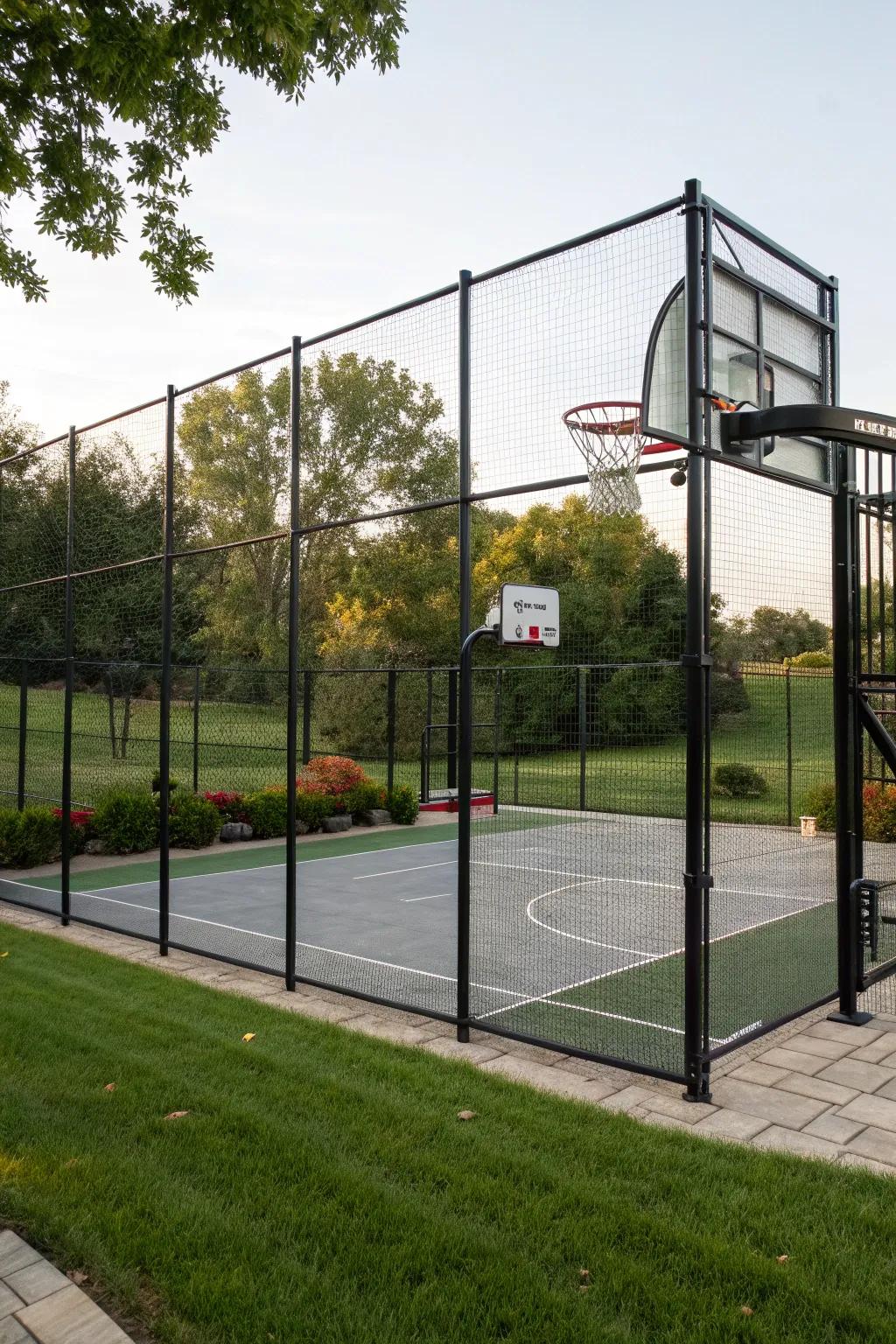 A basketball court with secure fencing to keep the game safe and fun.