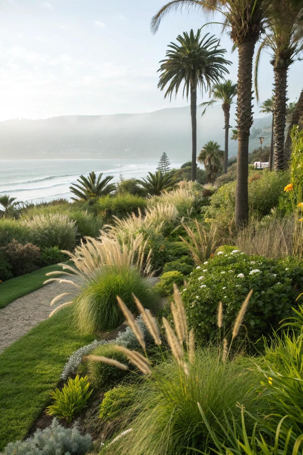 Coastal plants create a lush, beachy vibe.