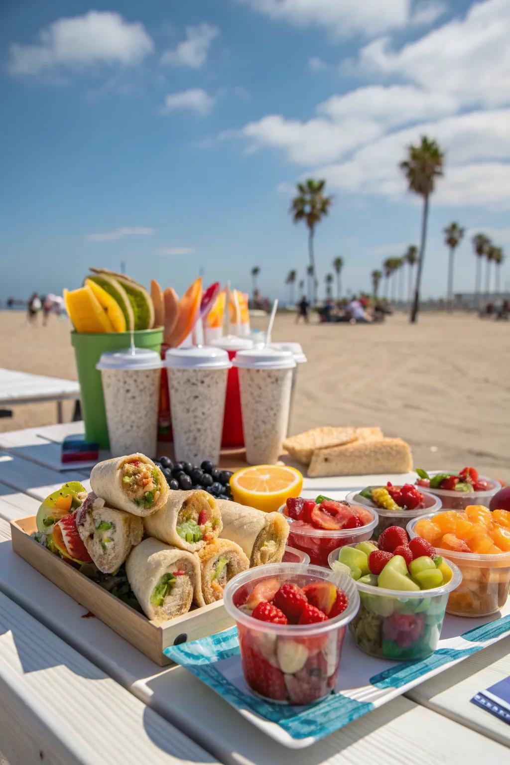 Outdoor snack table with fruit cups, wraps, and refreshing beach-themed snacks.