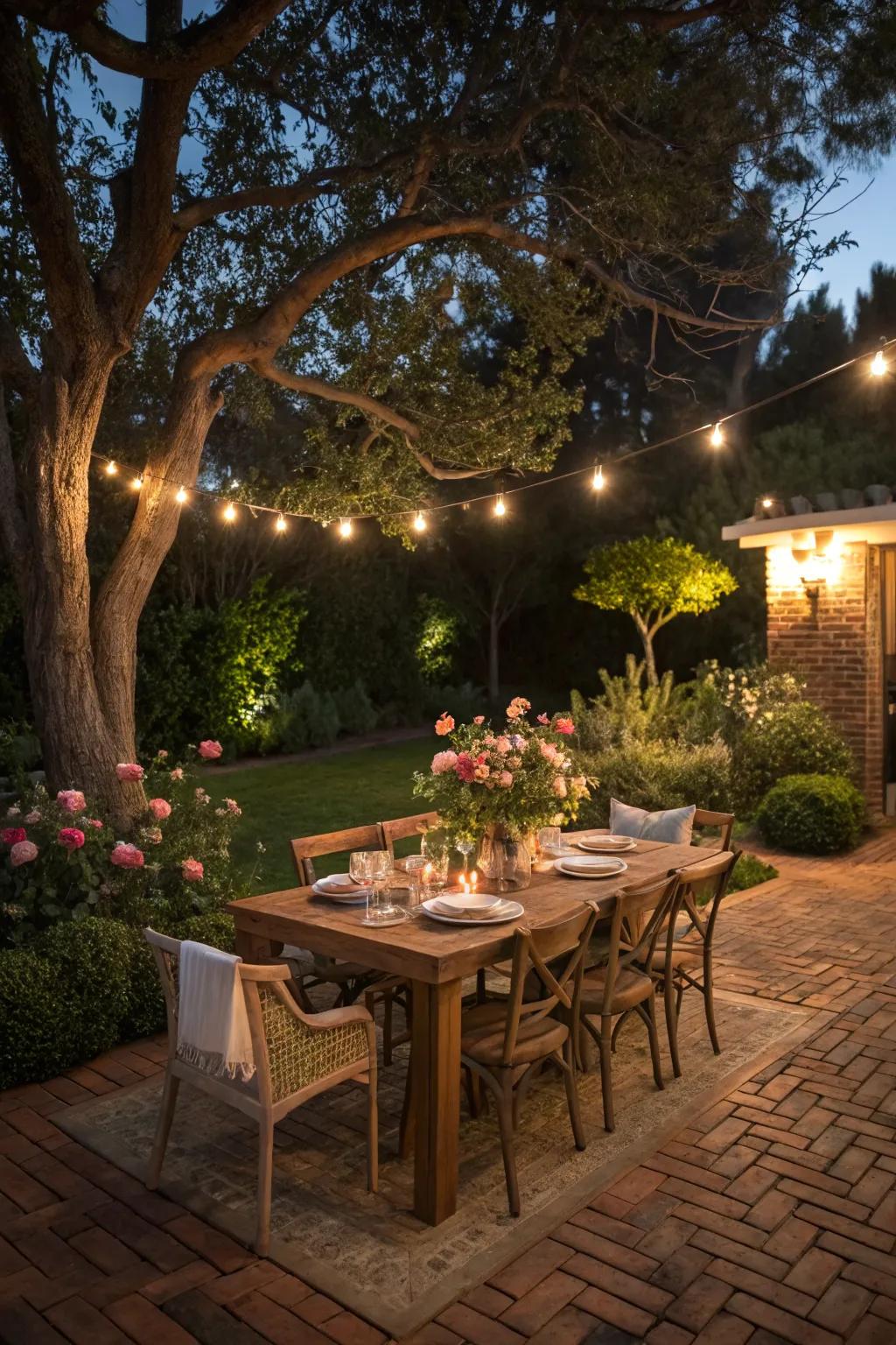 Brick dining areas invite delightful outdoor meals.