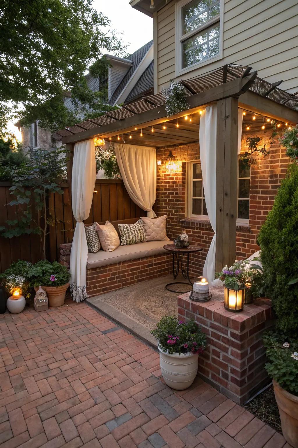A seating nook on a brick patio invites relaxation and conversation.