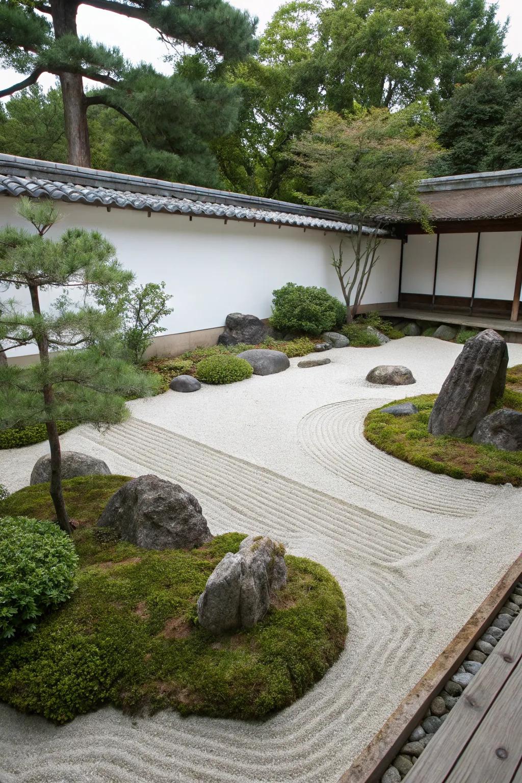 A Zen garden offers a tranquil escape right at home.