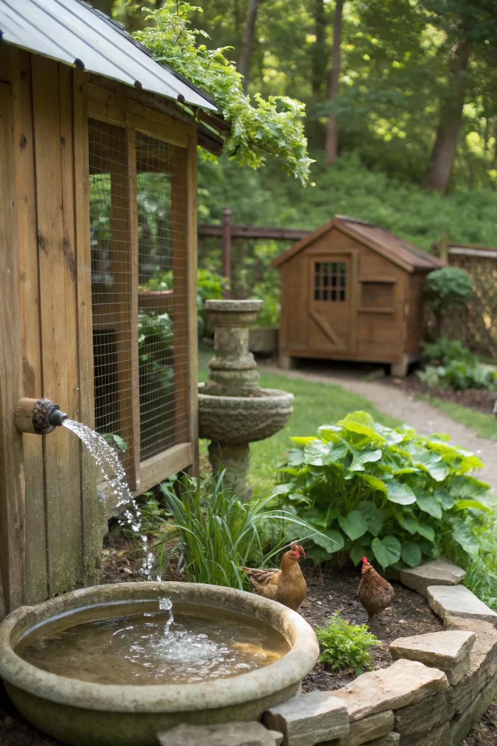 A small water feature adds tranquility and life to the coop surroundings.