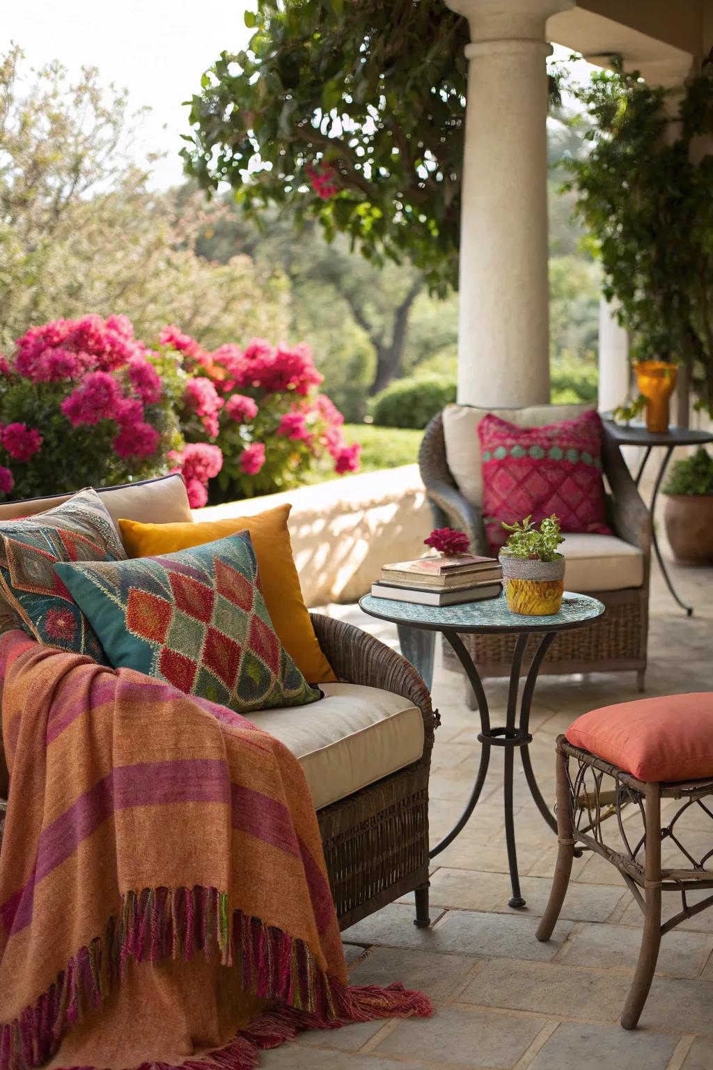 Cushions and throws add comfort and color to your outdoor seating.