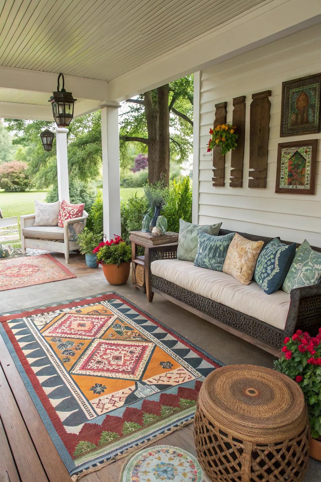 Decorative elements personalizing a covered porch.