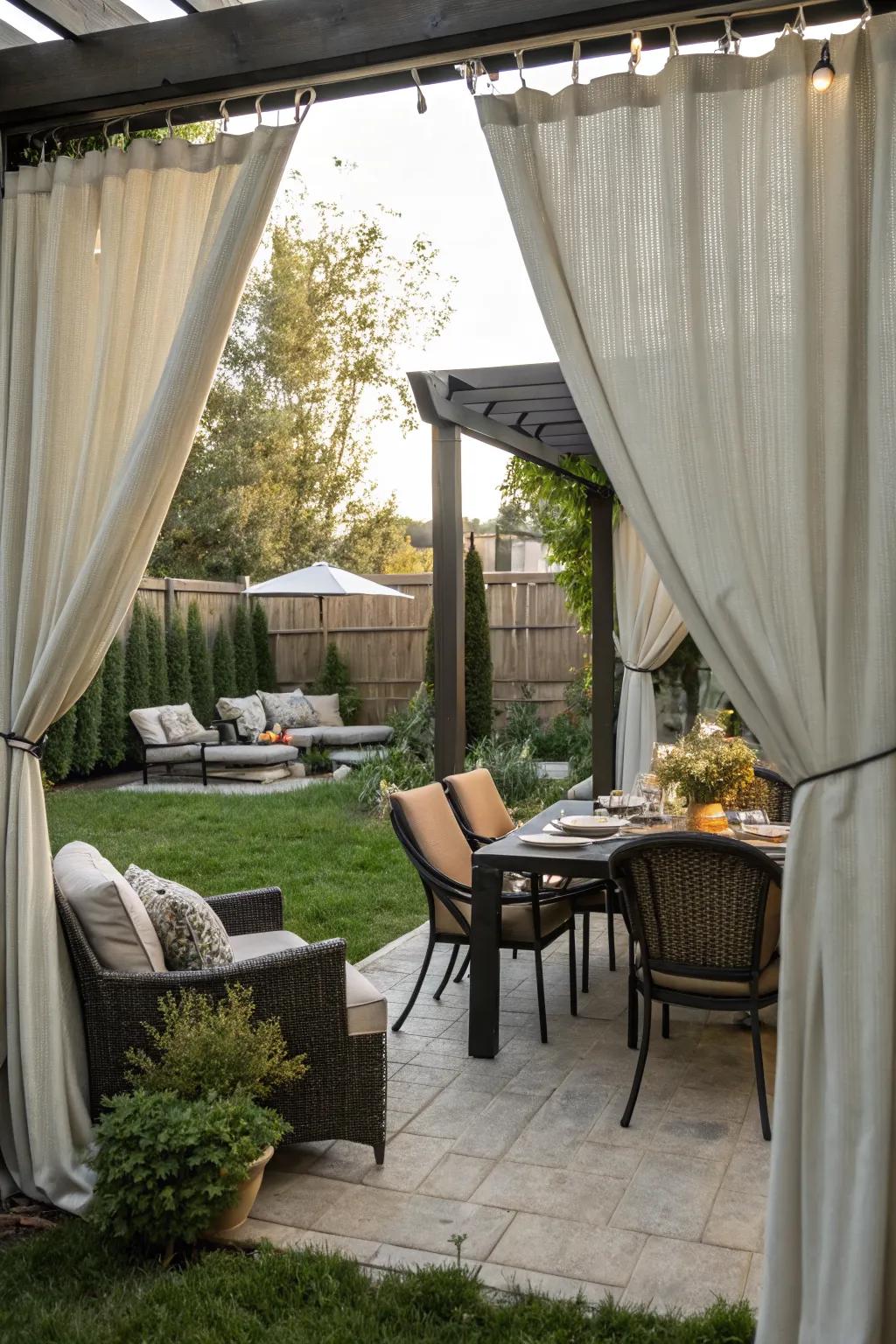 Define your backyard spaces stylishly with curtains.