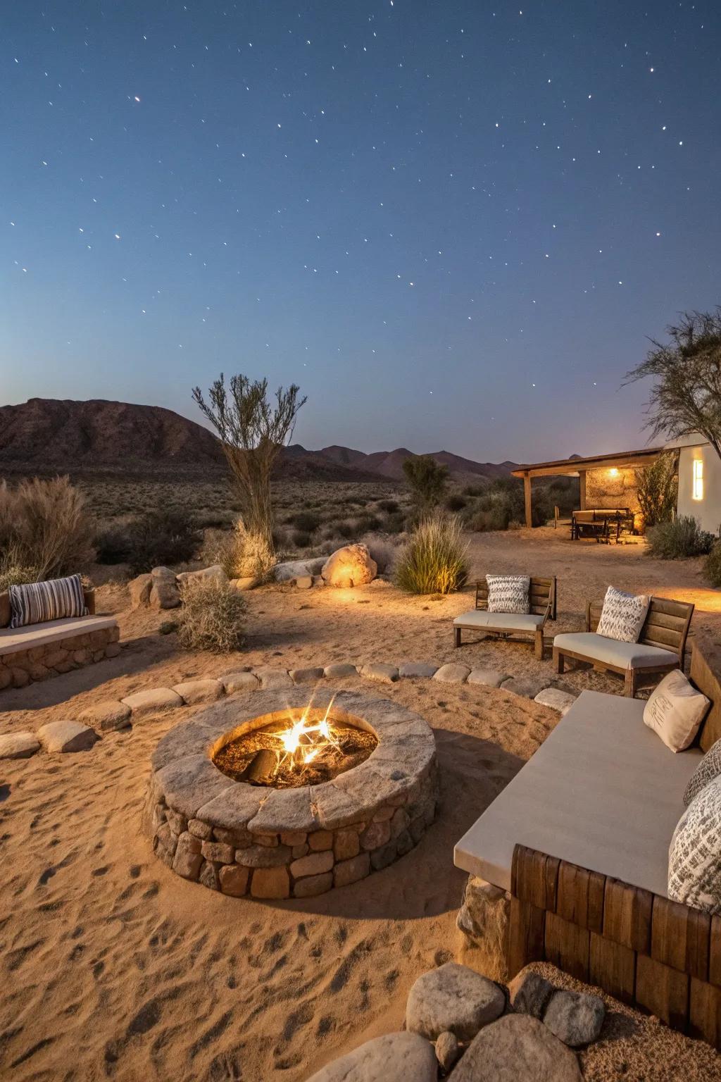 A fire pit provides a cozy focal point for cooler desert nights.