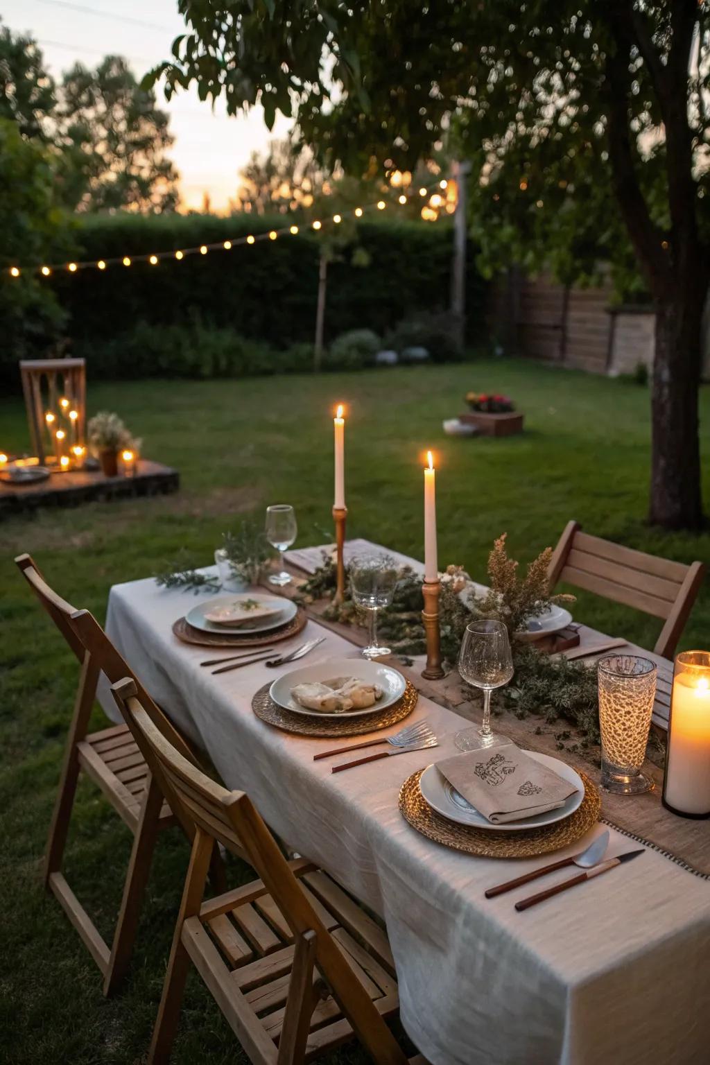Candles create a romantic and intimate setting for outdoor dining.