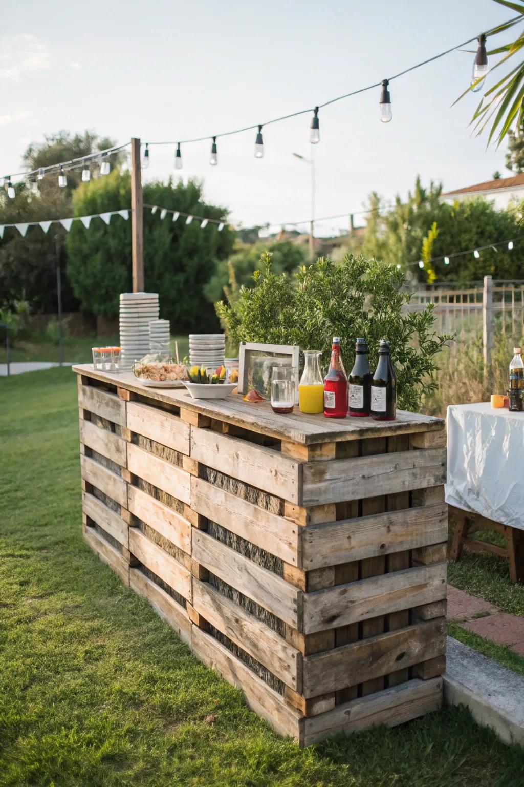 A rustic pallet bar that’s perfect for backyard gatherings.