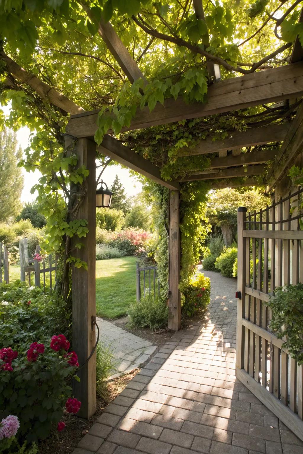 A backyard entrance with a pergola and climbing plants forming a green canopy.