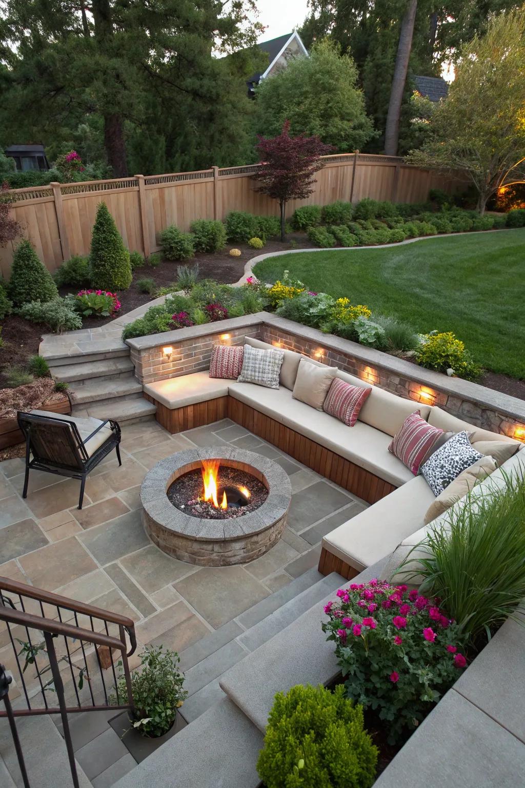 A sunken fire pit area adds a dramatic touch to your backyard.
