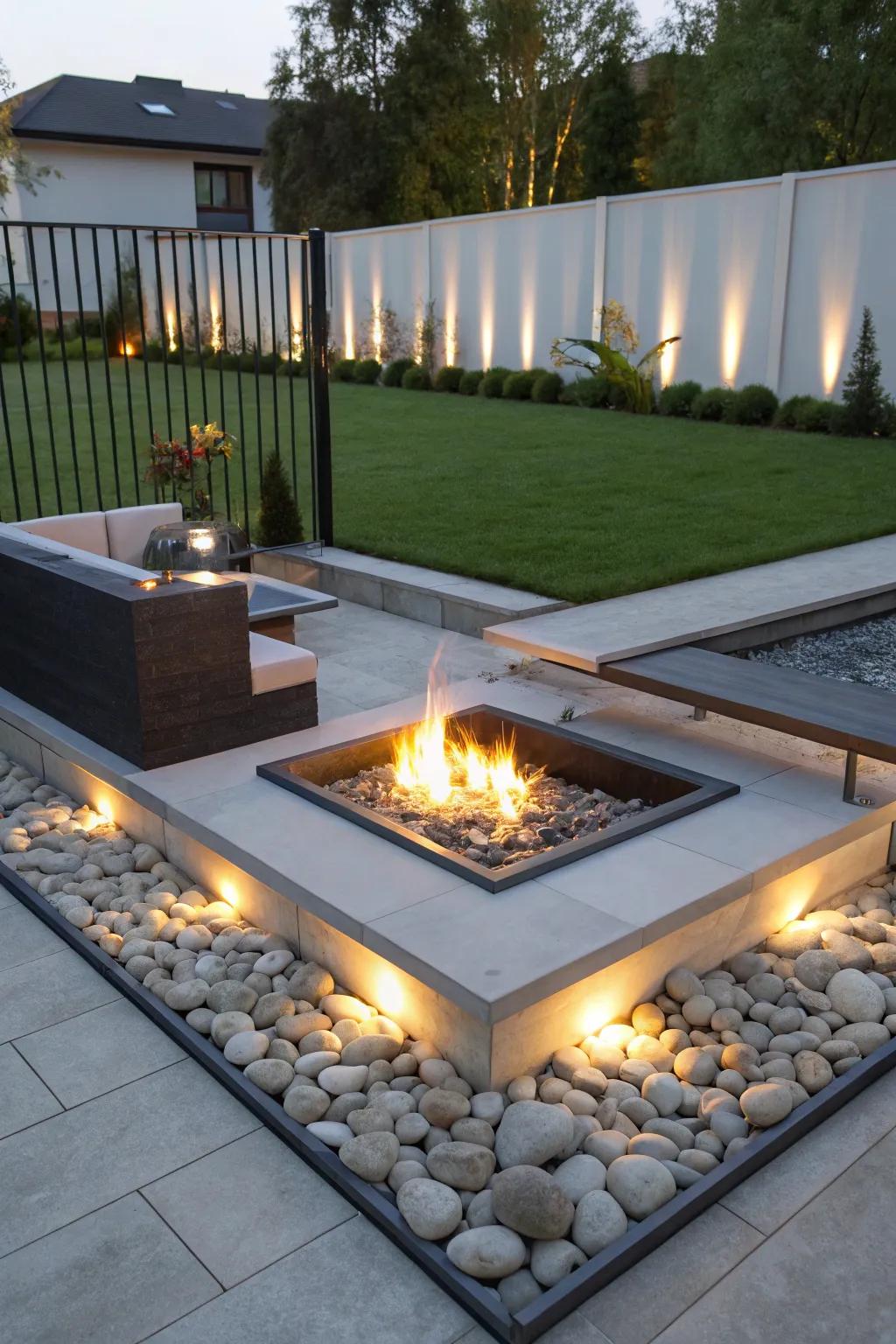 Built-in LED lights add a modern touch to your fire pit.