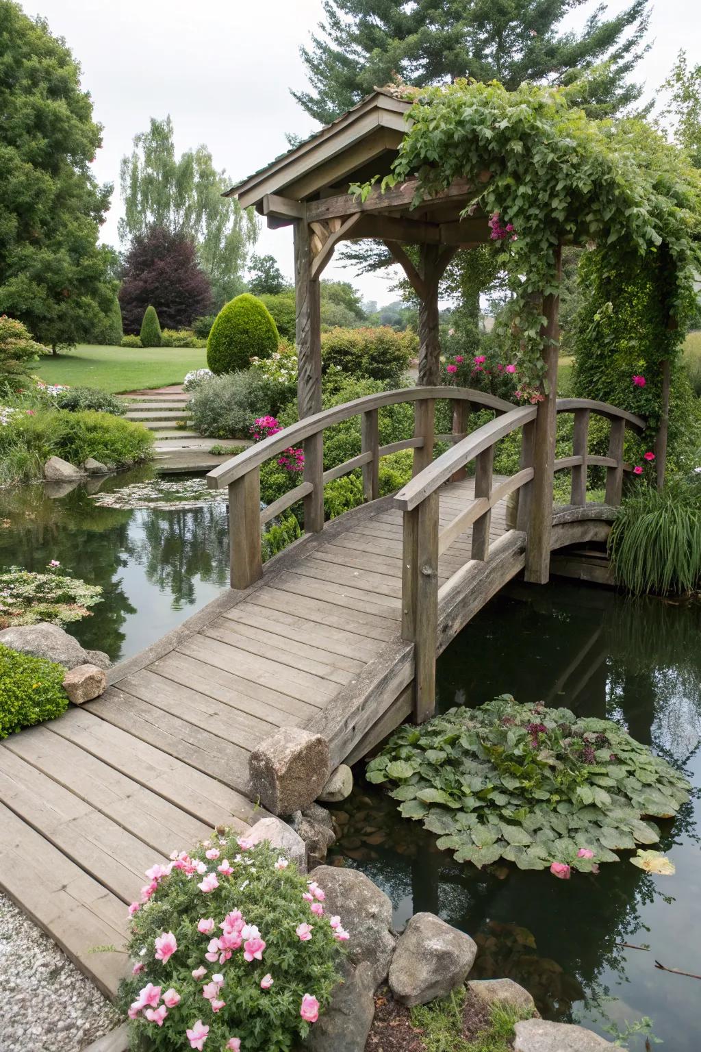 A wooden bridge adds charm and a unique viewing point.