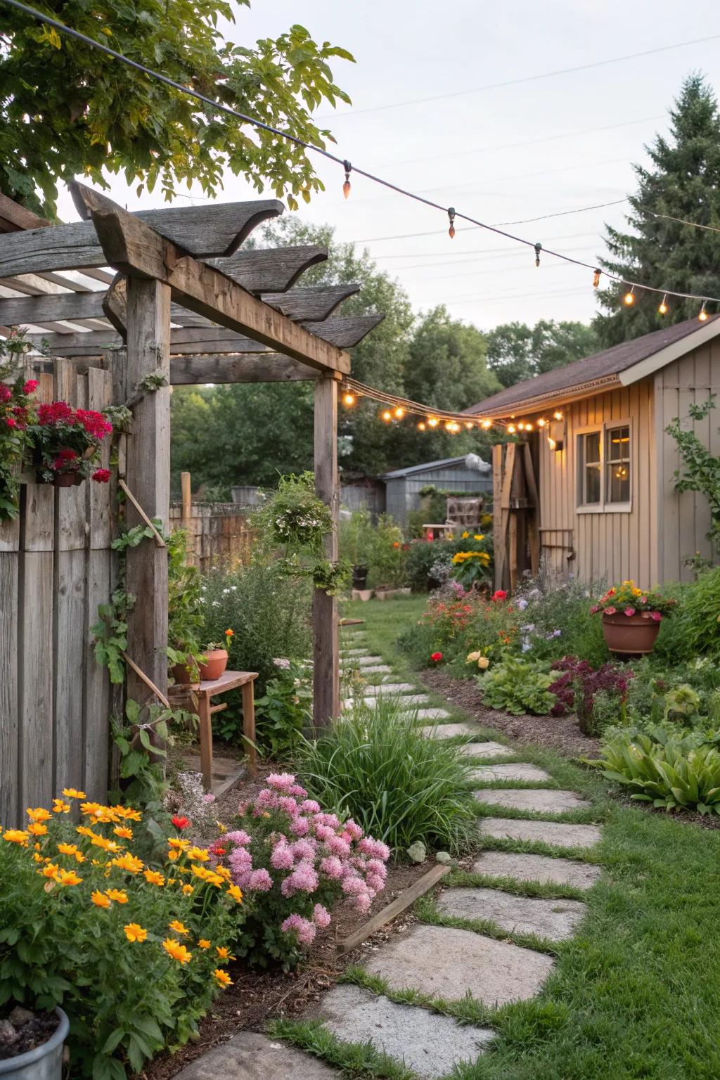 A cozy cottage-style garden with rustic charm.