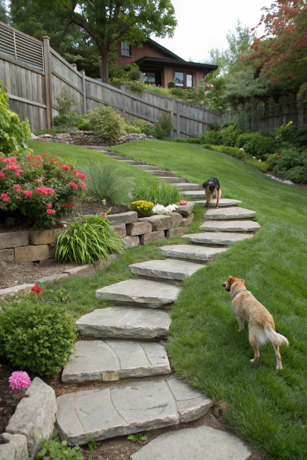 Pathways and steps guide dogs through a well-structured yard.