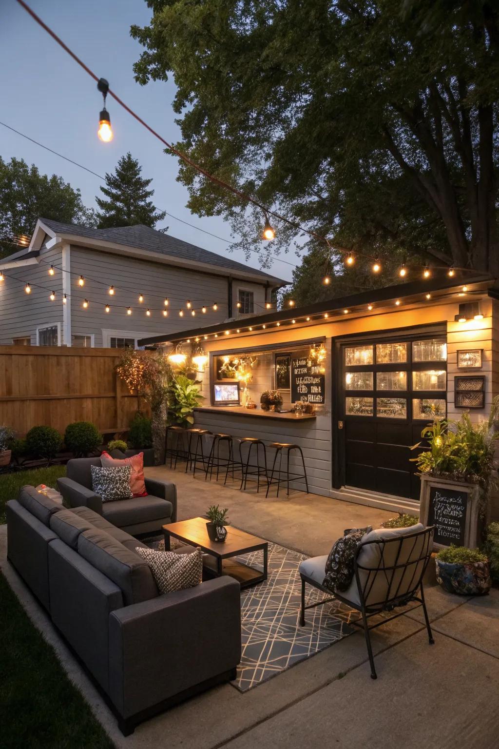 A backyard garage turned into a vibrant and inviting bar.