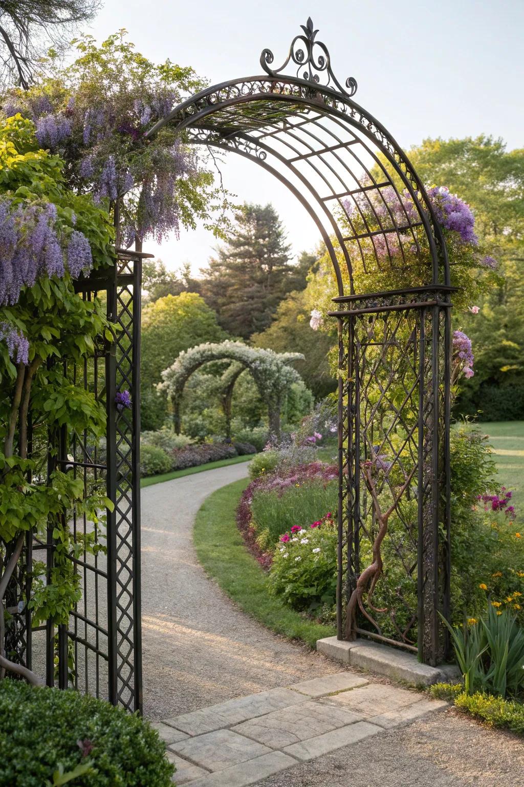 Wrought iron arches offer enduring elegance in the garden.