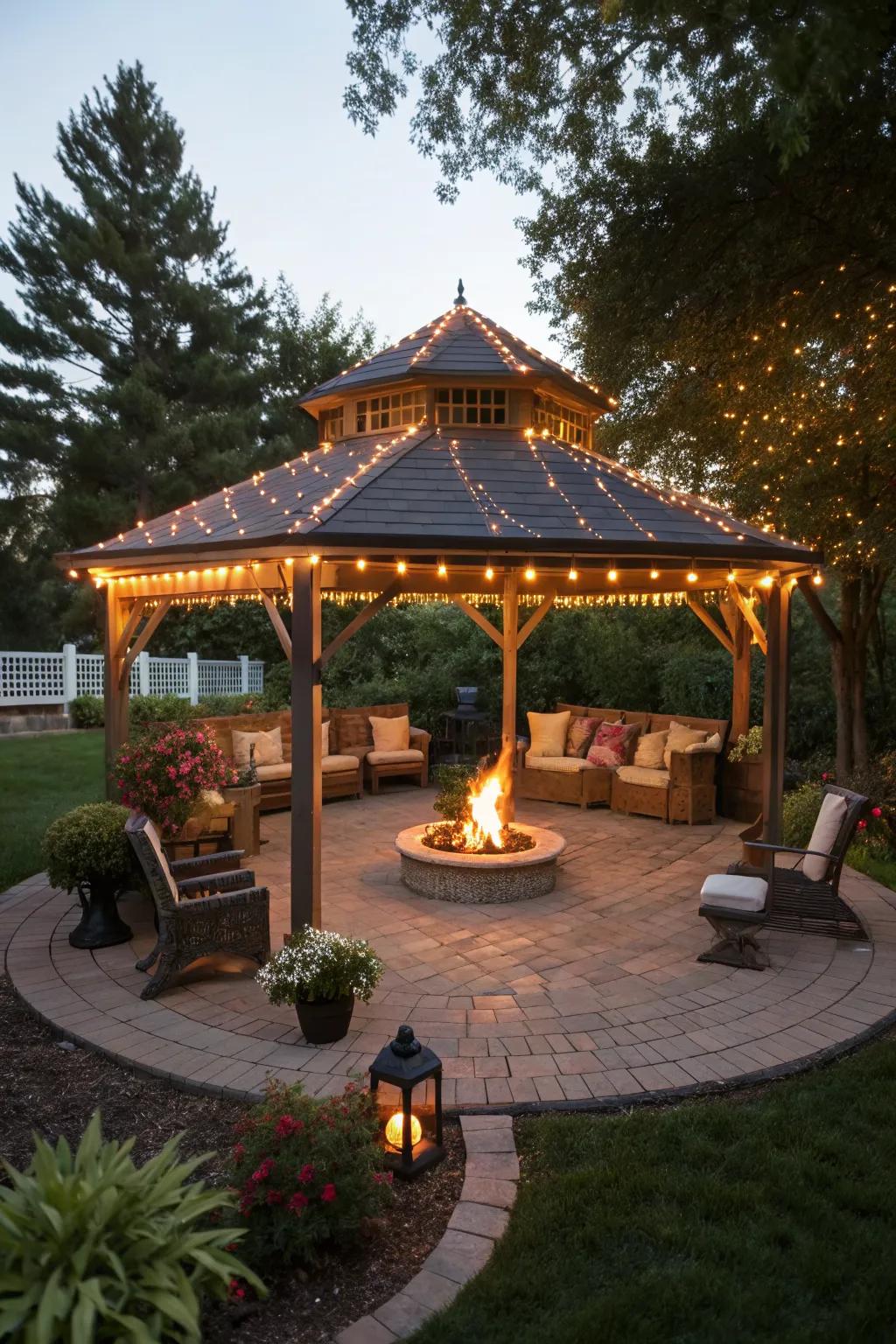 A fire pit adds warmth and becomes a focal point in this gazebo.