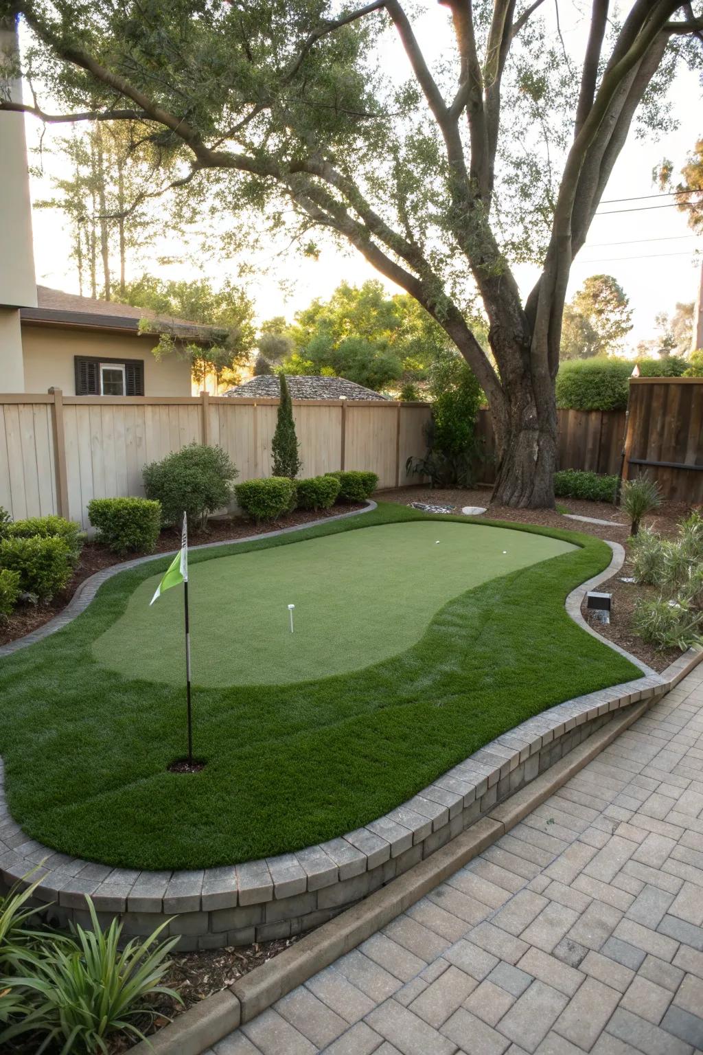 A corner green is a space-saving solution for backyard golf.