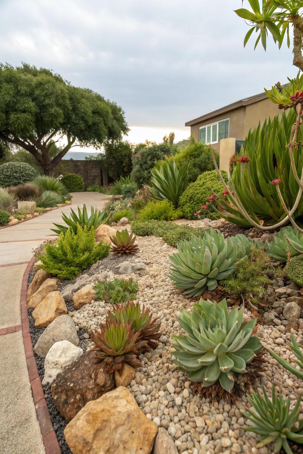 Gravel and succulents provide a contemporary, low-maintenance garden.